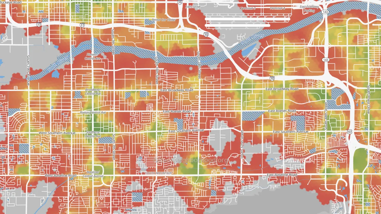 Walk Grade map of 85040, AZ, walkable areas in green and car-dependent areas in red