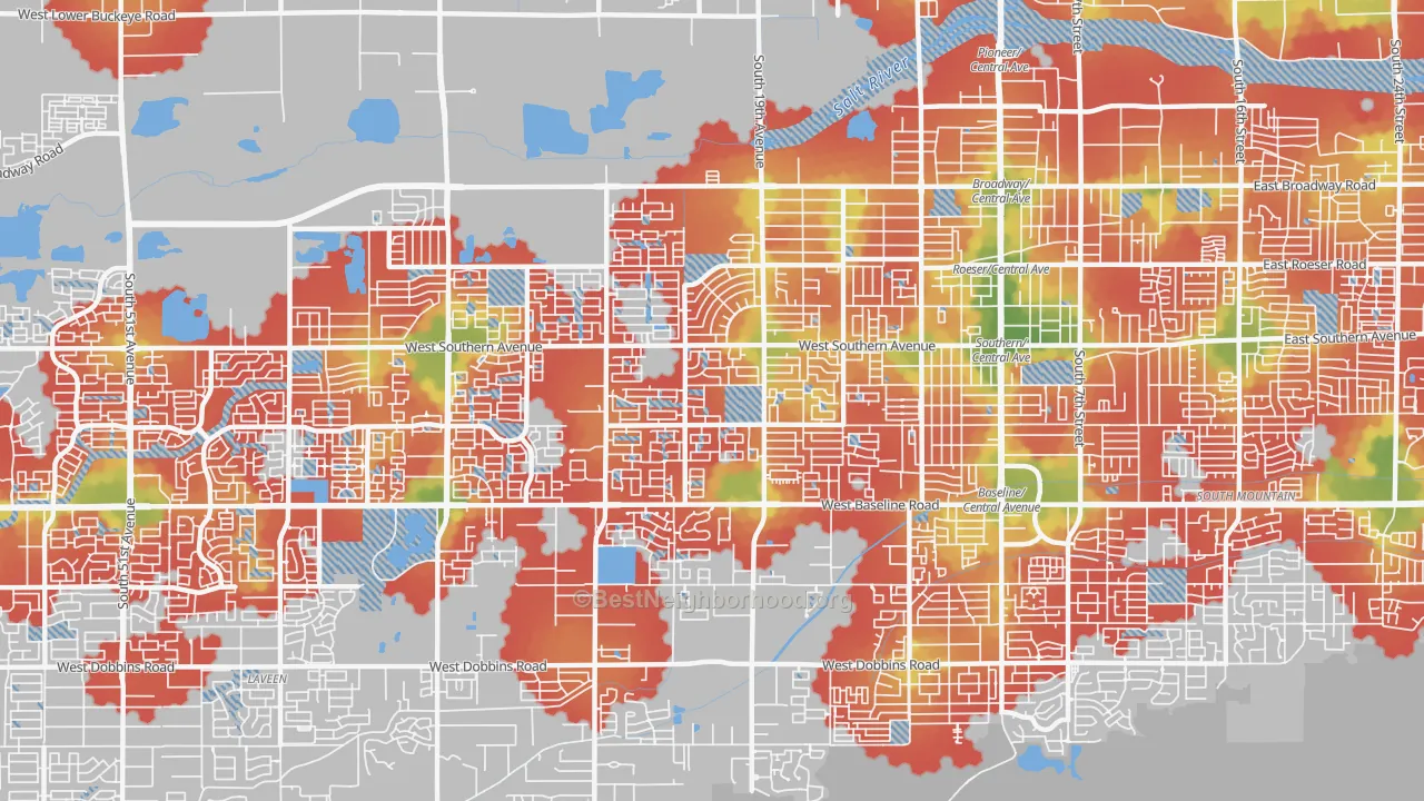 Walk Grade map of 85041, AZ, walkable areas in green and car-dependent areas in red