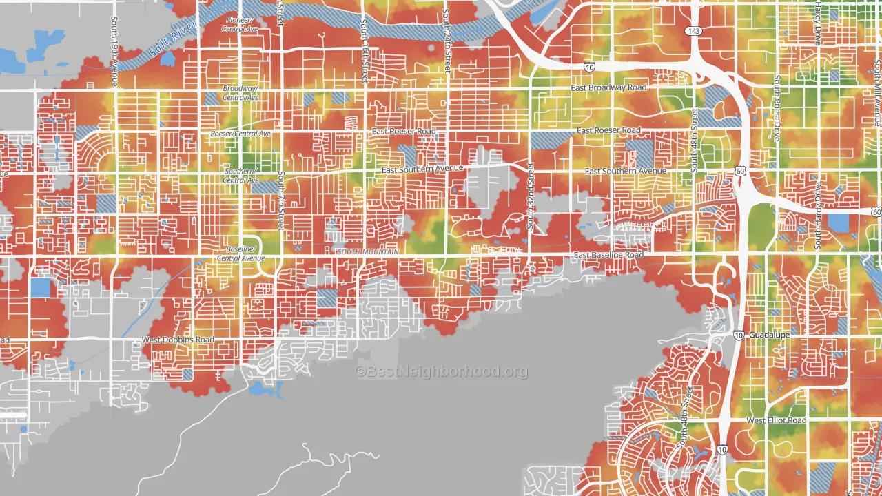 Walk Grade map of 85042, AZ, walkable areas in green and car-dependent areas in red