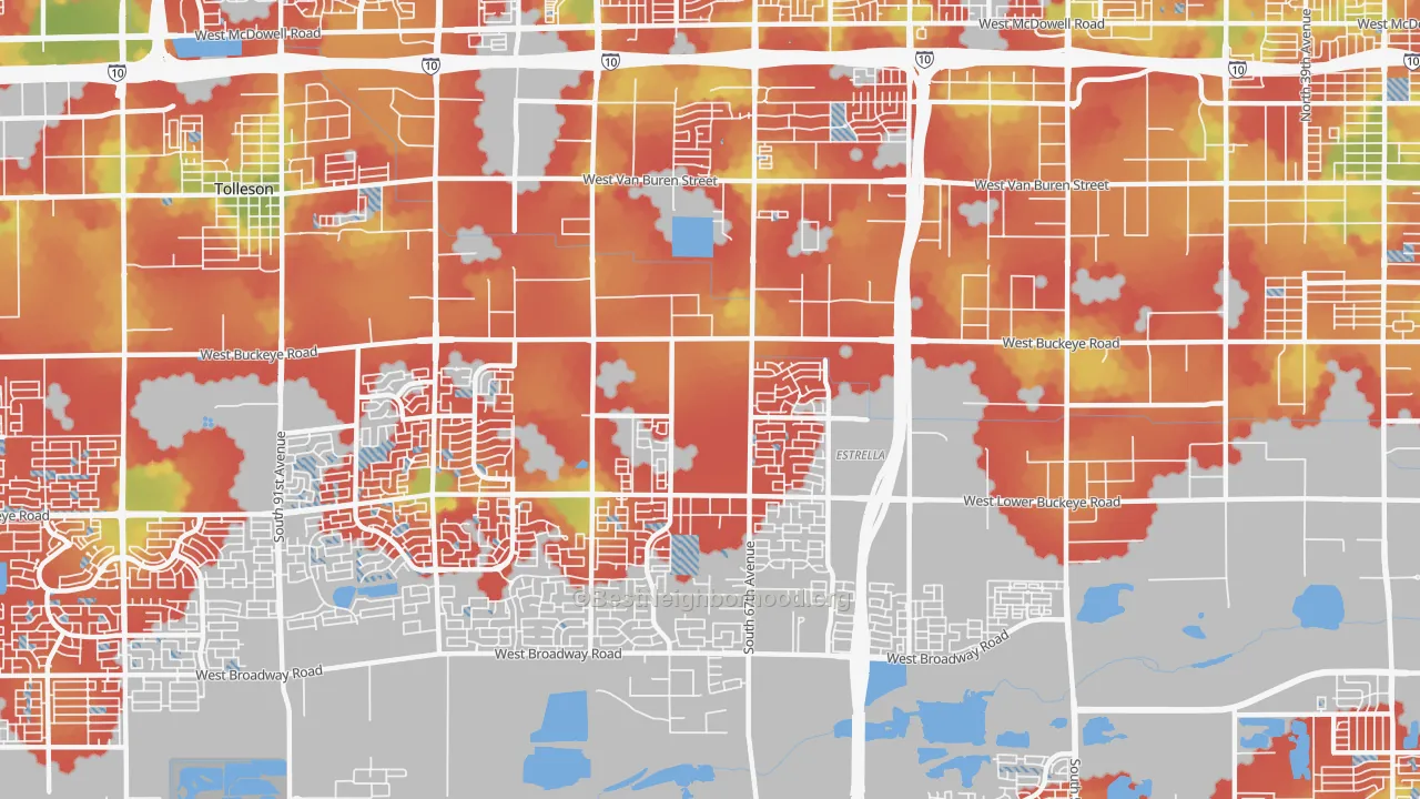 Walk Grade map of 85043, AZ, walkable areas in green and car-dependent areas in red