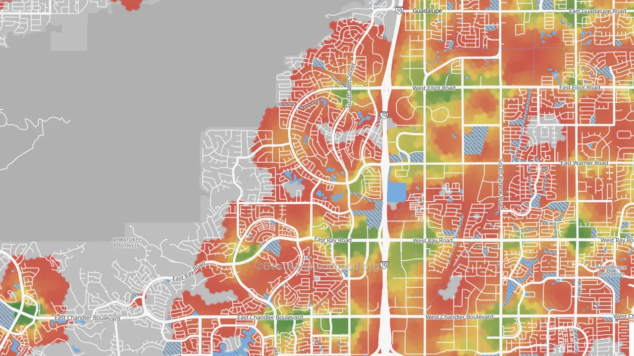 Walk Grade map of 85044, AZ, walkable areas in green and car-dependent areas in red