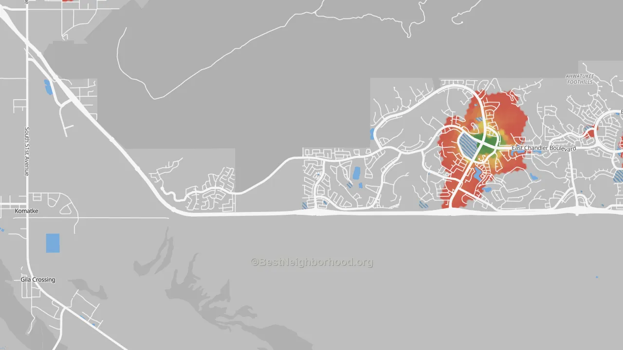 Walk Grade map of 85045, AZ, walkable areas in green and car-dependent areas in red