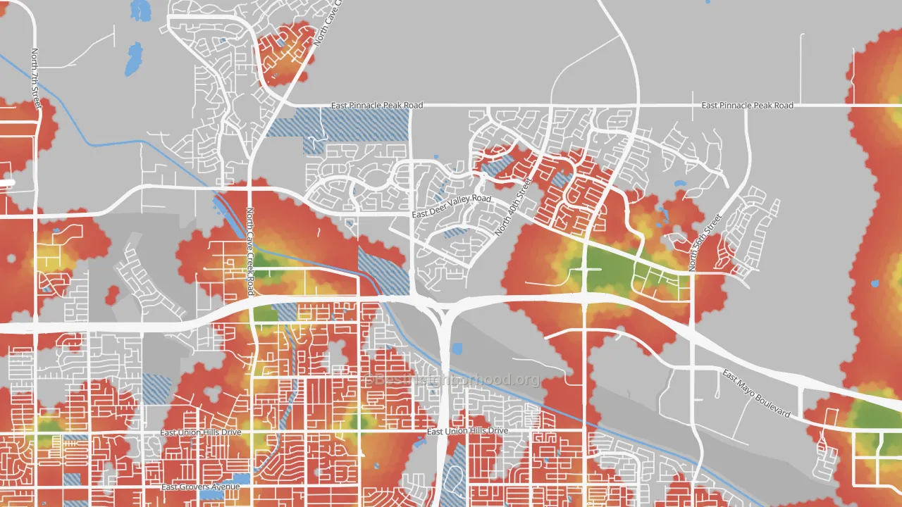 Walk Grade map of 85050, AZ, walkable areas in green and car-dependent areas in red