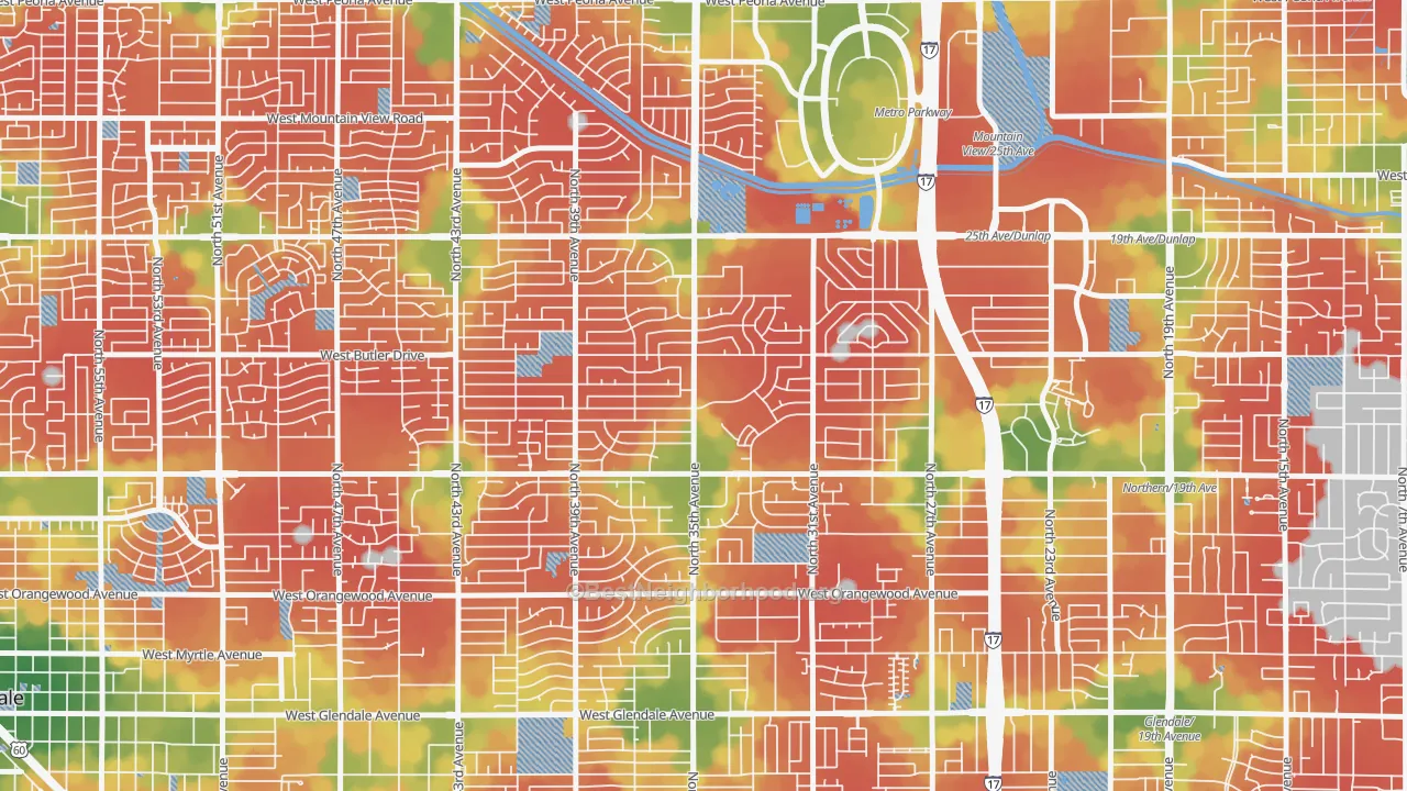 Walk Grade map of 85051, AZ, walkable areas in green and car-dependent areas in red