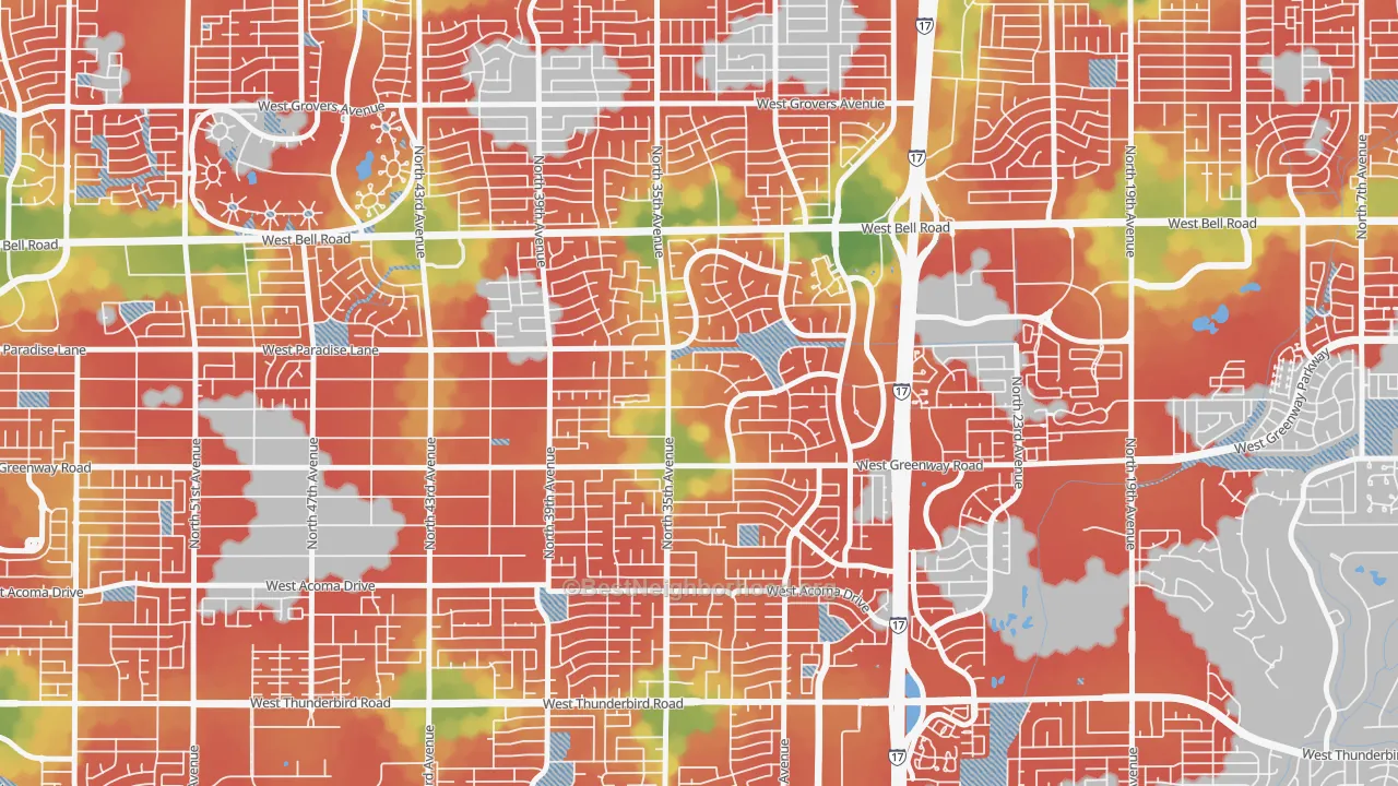 Walk Grade map of 85053, AZ, walkable areas in green and car-dependent areas in red