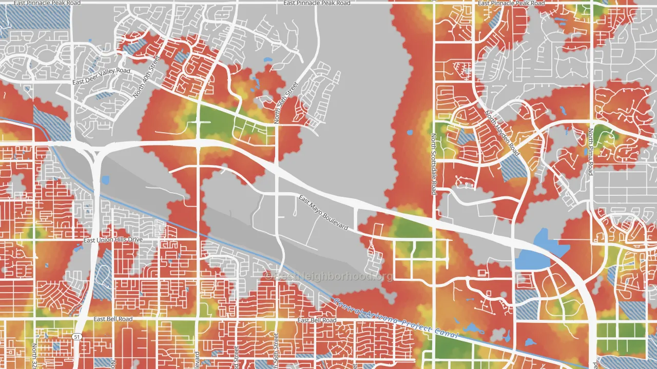Walk Grade map of 85054, AZ, walkable areas in green and car-dependent areas in red