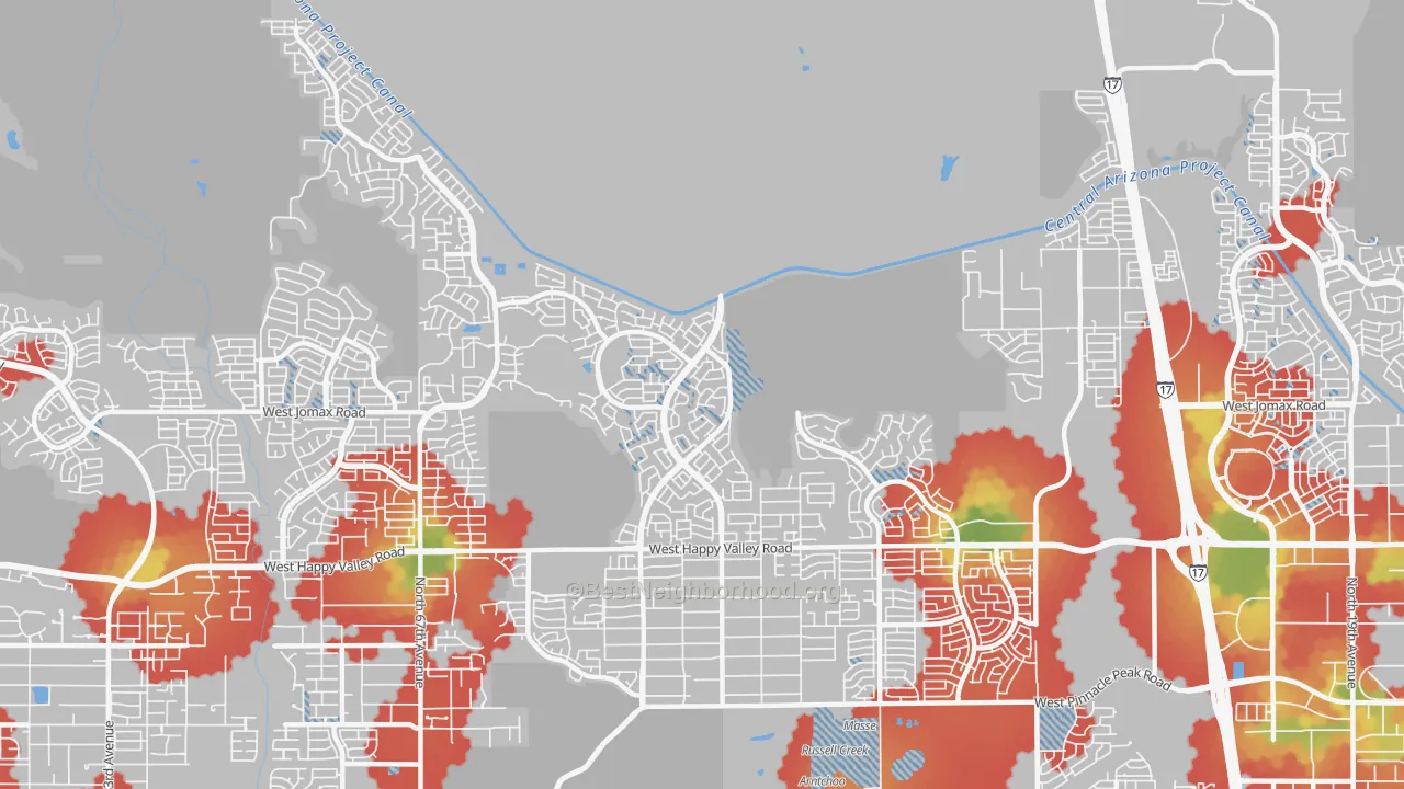 Walk Grade map of 85083, AZ, walkable areas in green and car-dependent areas in red