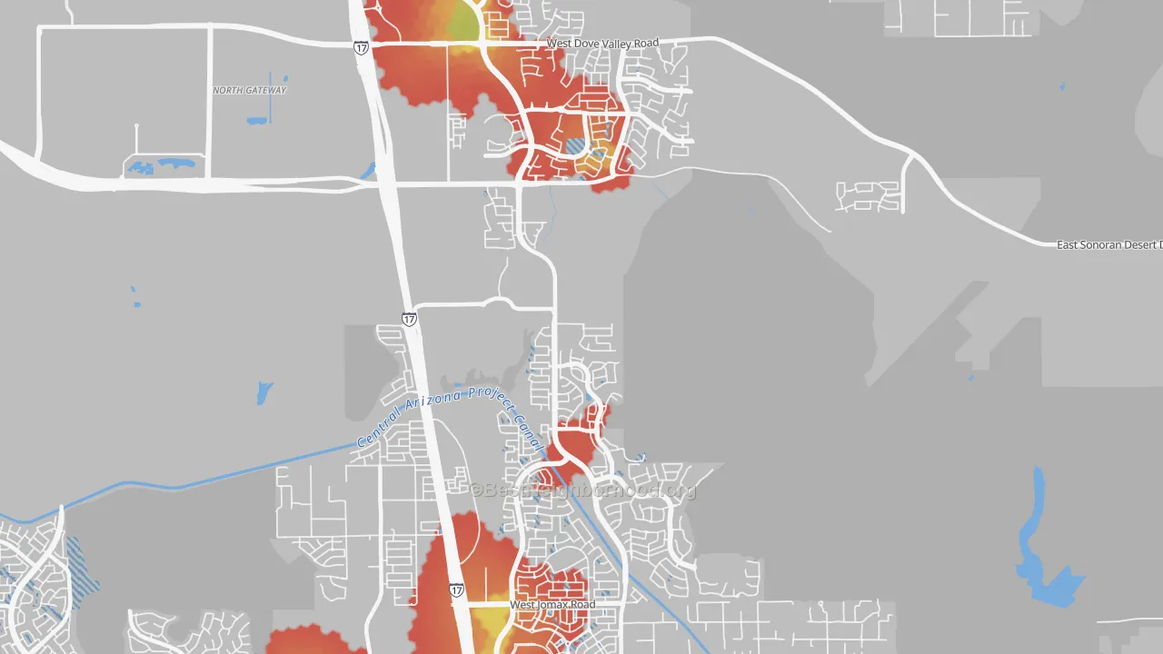 Walk Grade map of 85085, AZ, walkable areas in green and car-dependent areas in red