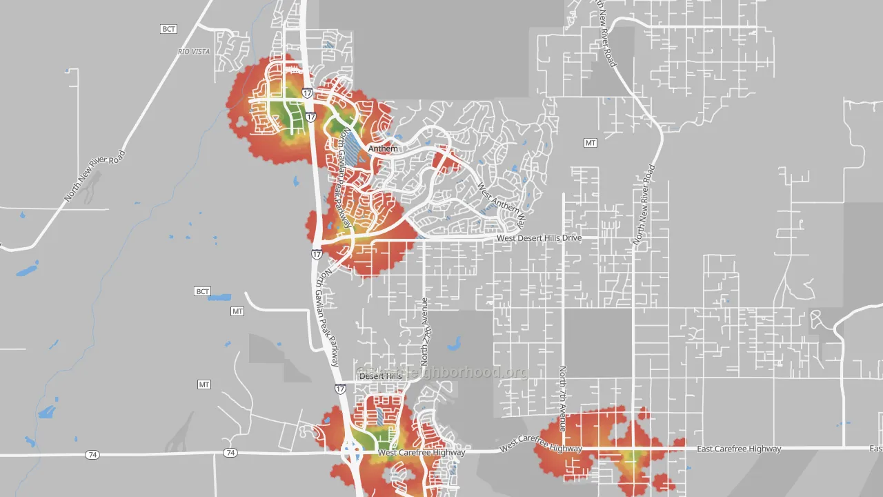 Walk Grade map of 85086, AZ, walkable areas in green and car-dependent areas in red