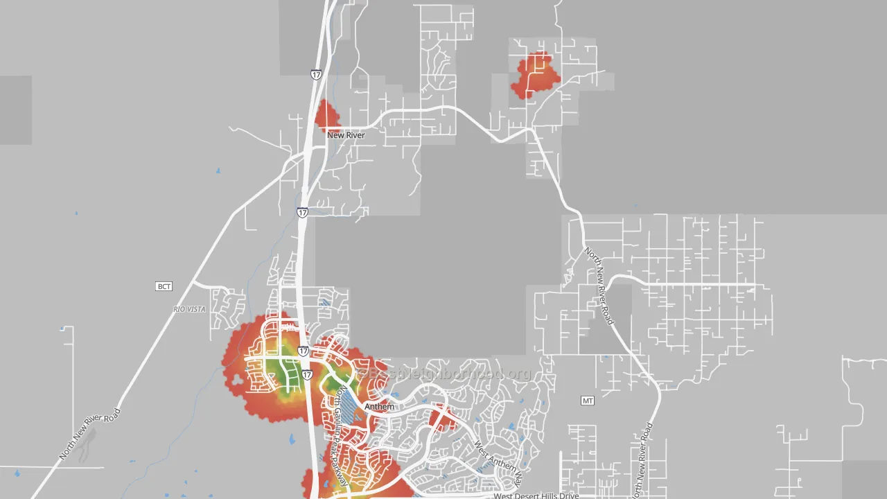 Walk Grade map of 85087, AZ, walkable areas in green and car-dependent areas in red