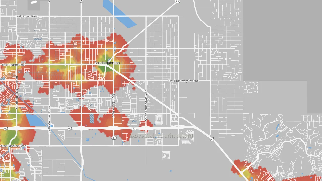 Walk Grade map of 85119, AZ, walkable areas in green and car-dependent areas in red