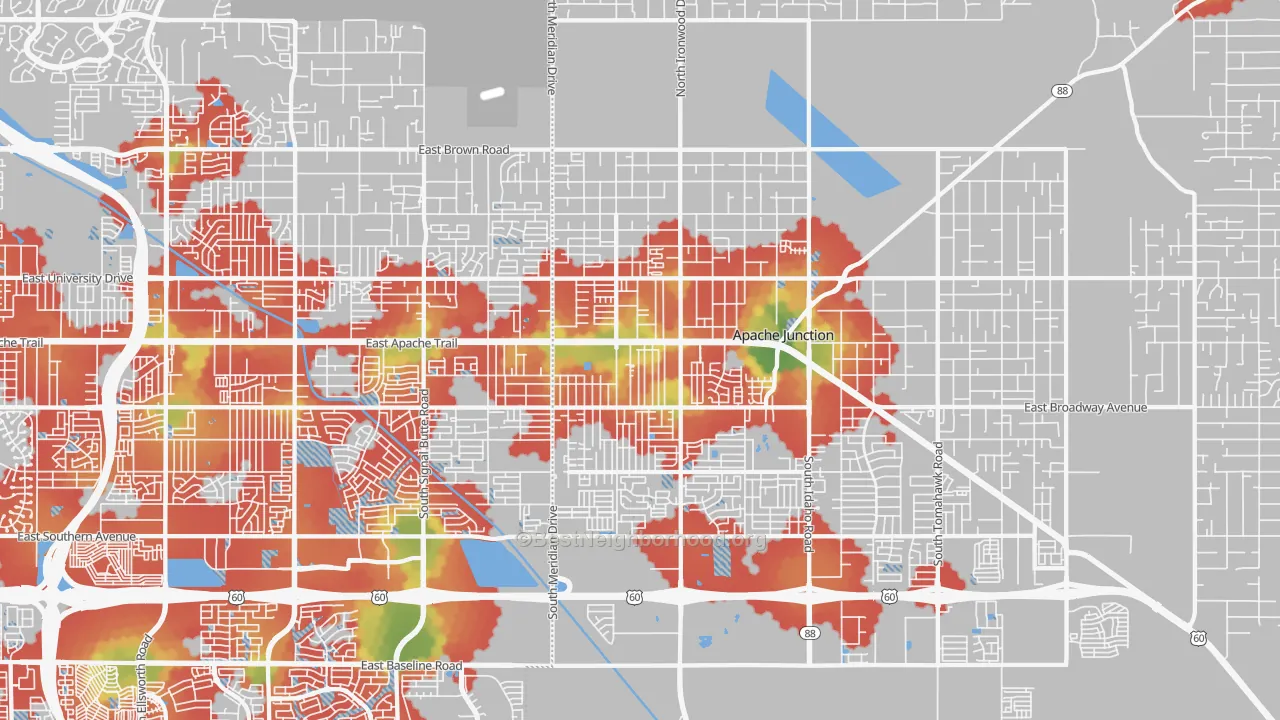 Walk Grade map of 85120, AZ, walkable areas in green and car-dependent areas in red