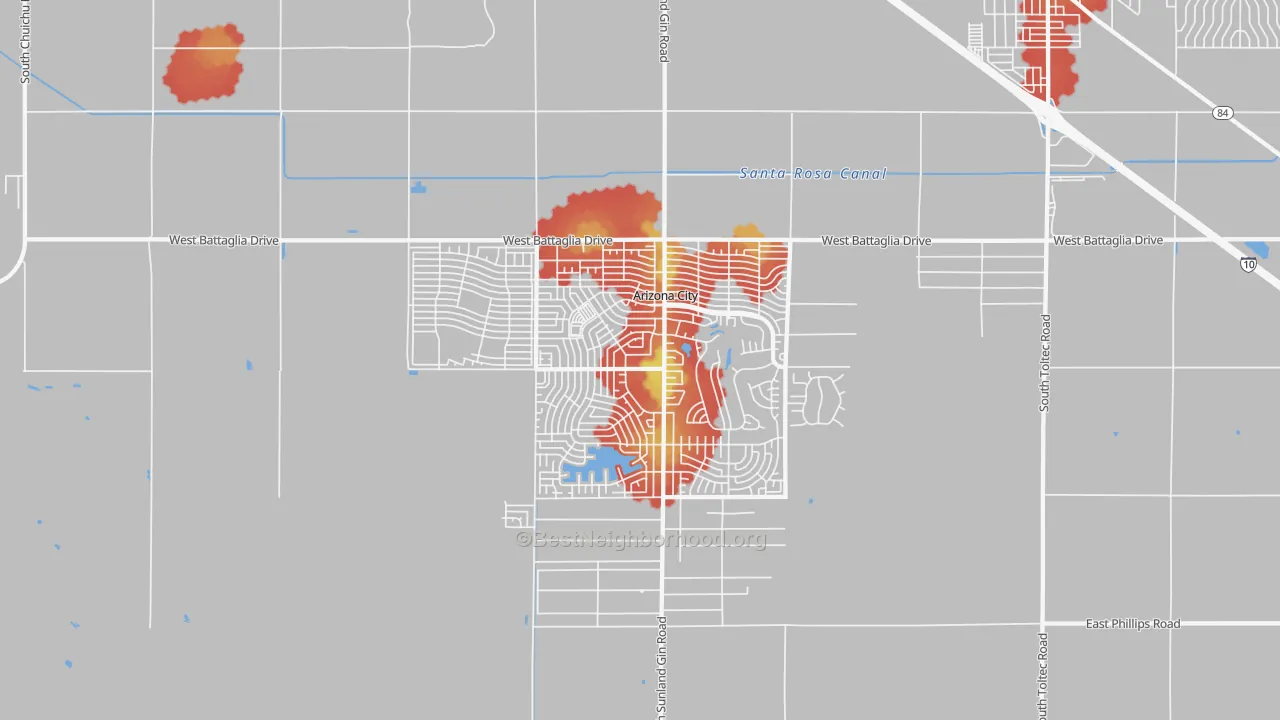 Walk Grade map of 85123, AZ, walkable areas in green and car-dependent areas in red