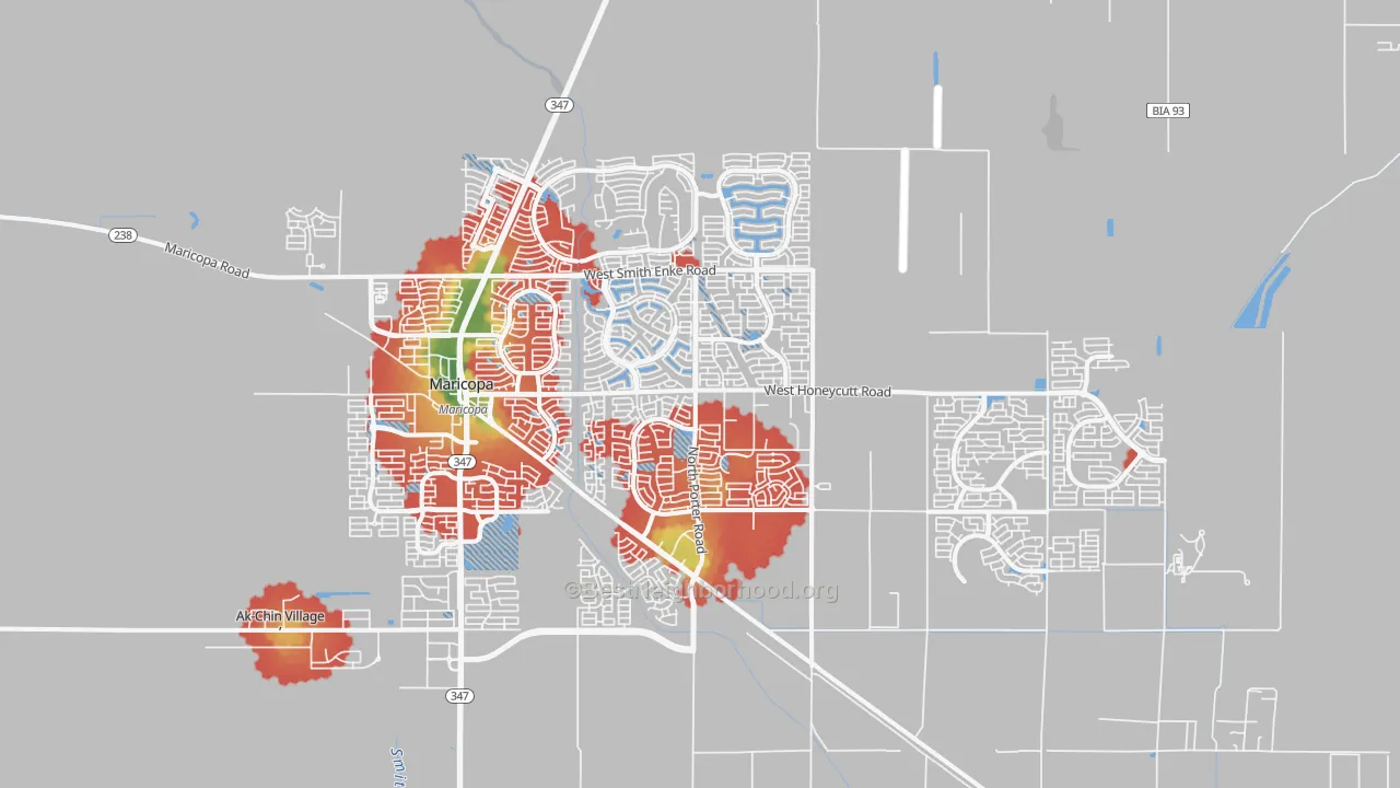 Walk Grade map of 85138, AZ, walkable areas in green and car-dependent areas in red
