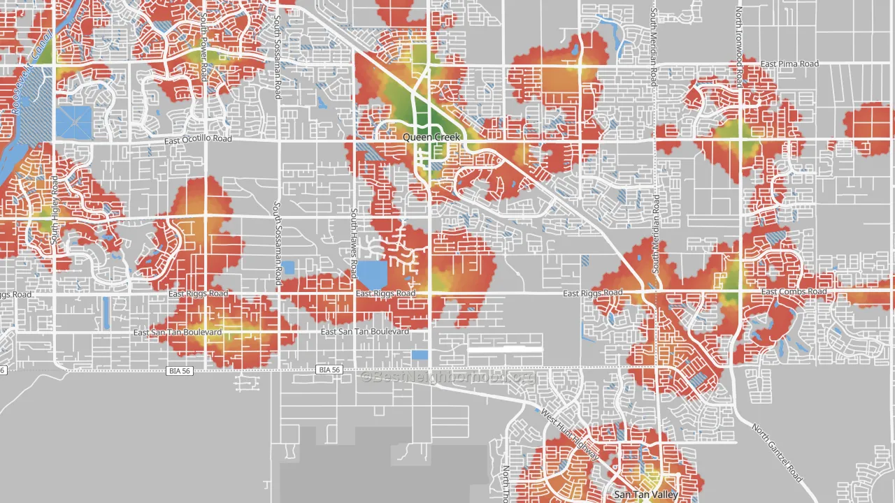 Walk Grade map of 85142, AZ, walkable areas in green and car-dependent areas in red