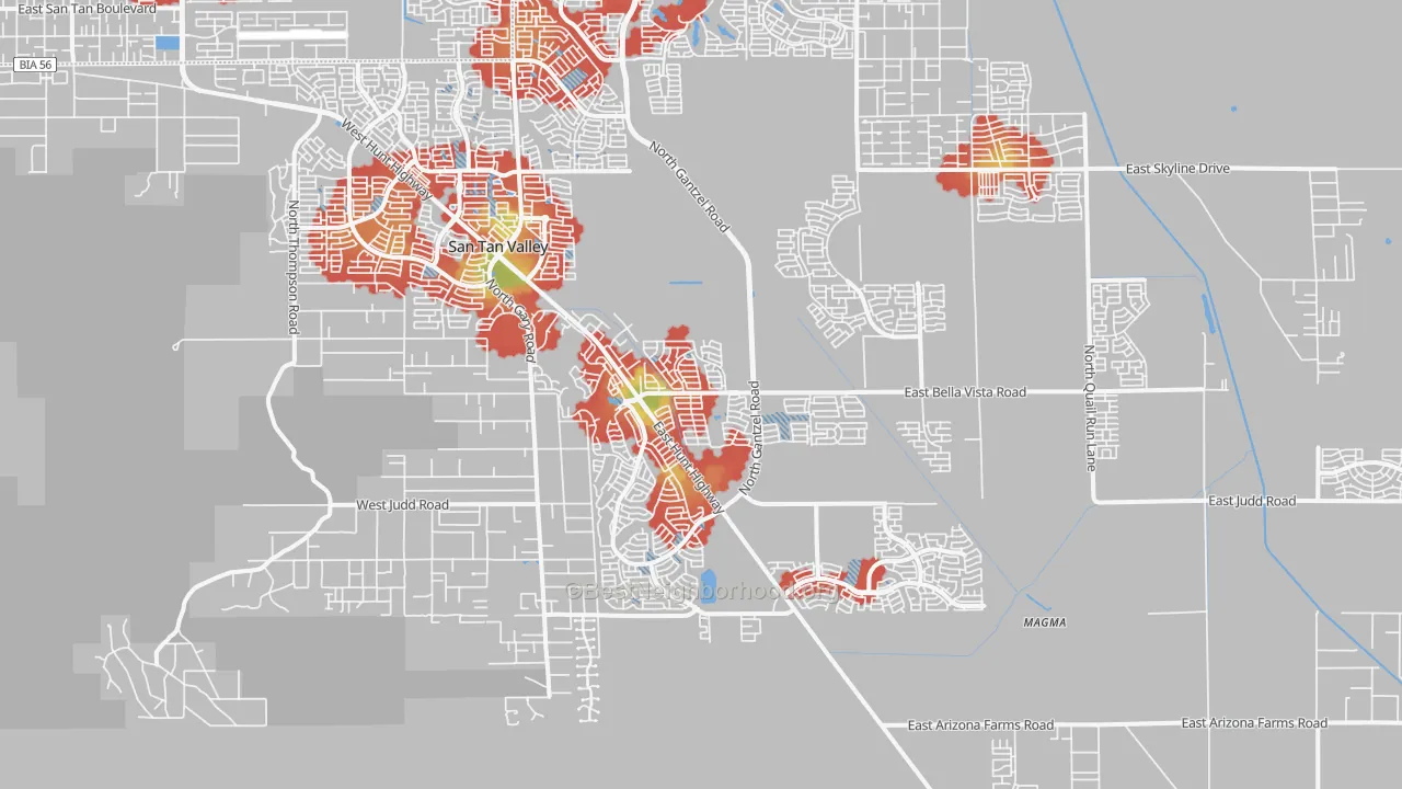 Walk Grade map of 85143, AZ, walkable areas in green and car-dependent areas in red
