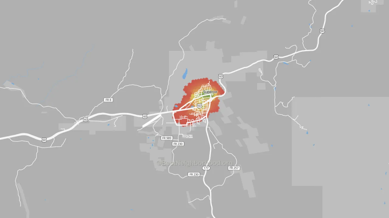 Walk Grade map of 85173, AZ, walkable areas in green and car-dependent areas in red