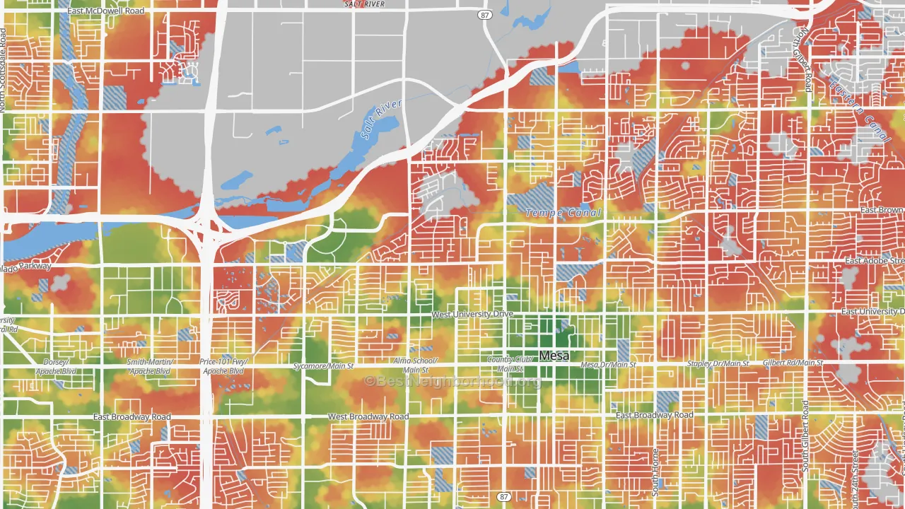 Walk Grade map of 85201, AZ, walkable areas in green and car-dependent areas in red