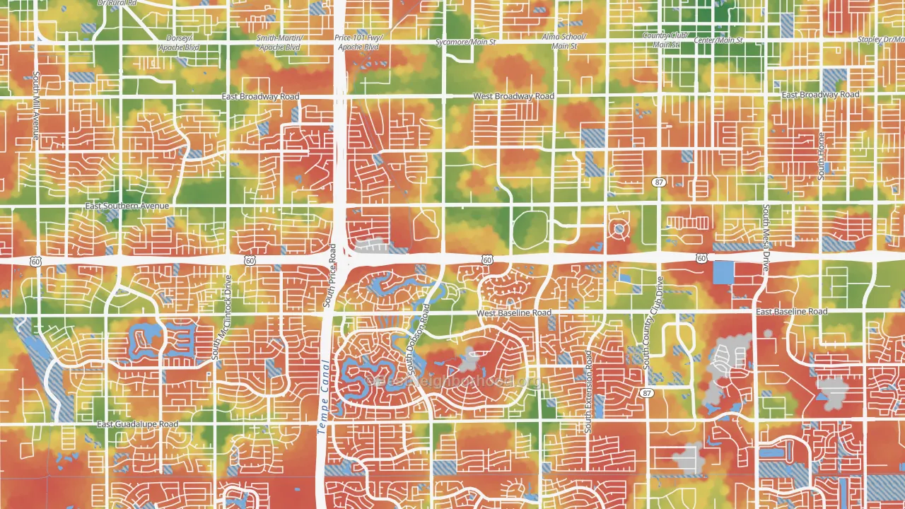 Walk Grade map of 85202, AZ, walkable areas in green and car-dependent areas in red