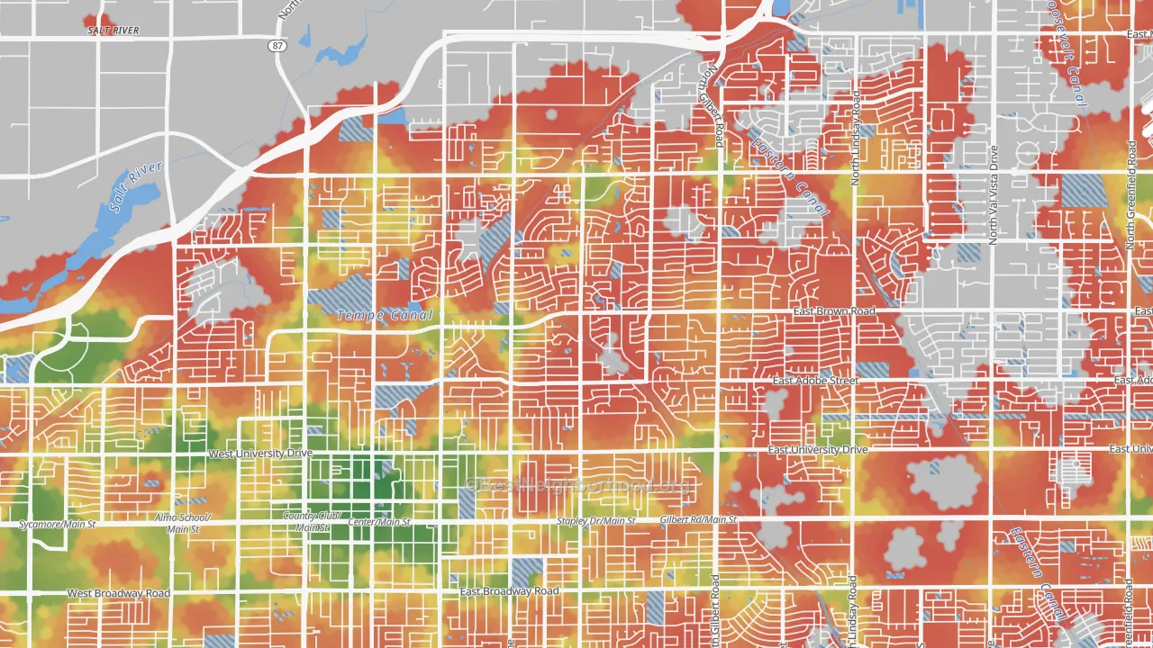 Walk Grade map of 85203, AZ, walkable areas in green and car-dependent areas in red
