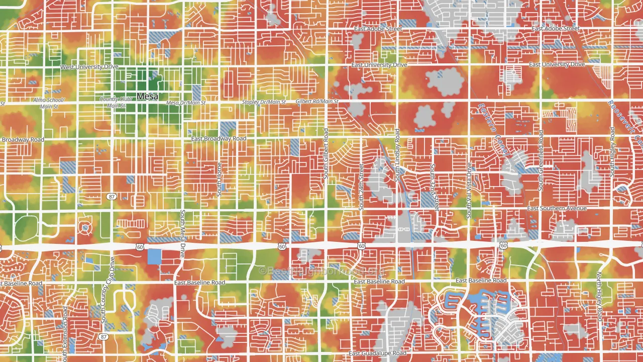 Walk Grade map of 85204, AZ, walkable areas in green and car-dependent areas in red