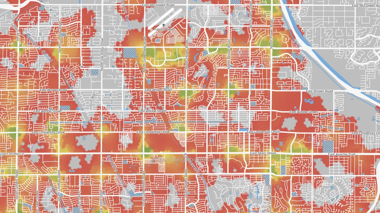 Walk Grade map of 85205, AZ, walkable areas in green and car-dependent areas in red