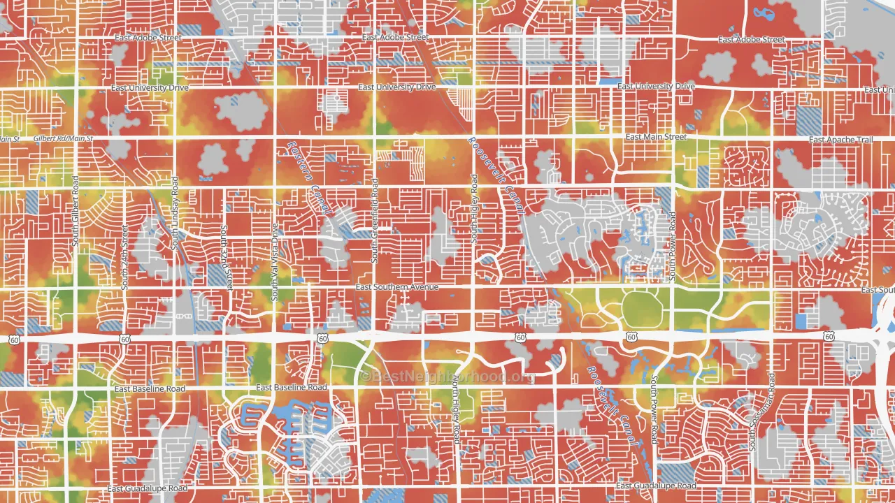 Walk Grade map of 85206, AZ, walkable areas in green and car-dependent areas in red