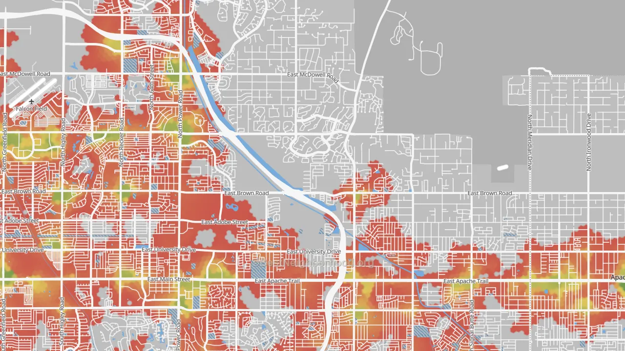 Walk Grade map of 85207, AZ, walkable areas in green and car-dependent areas in red