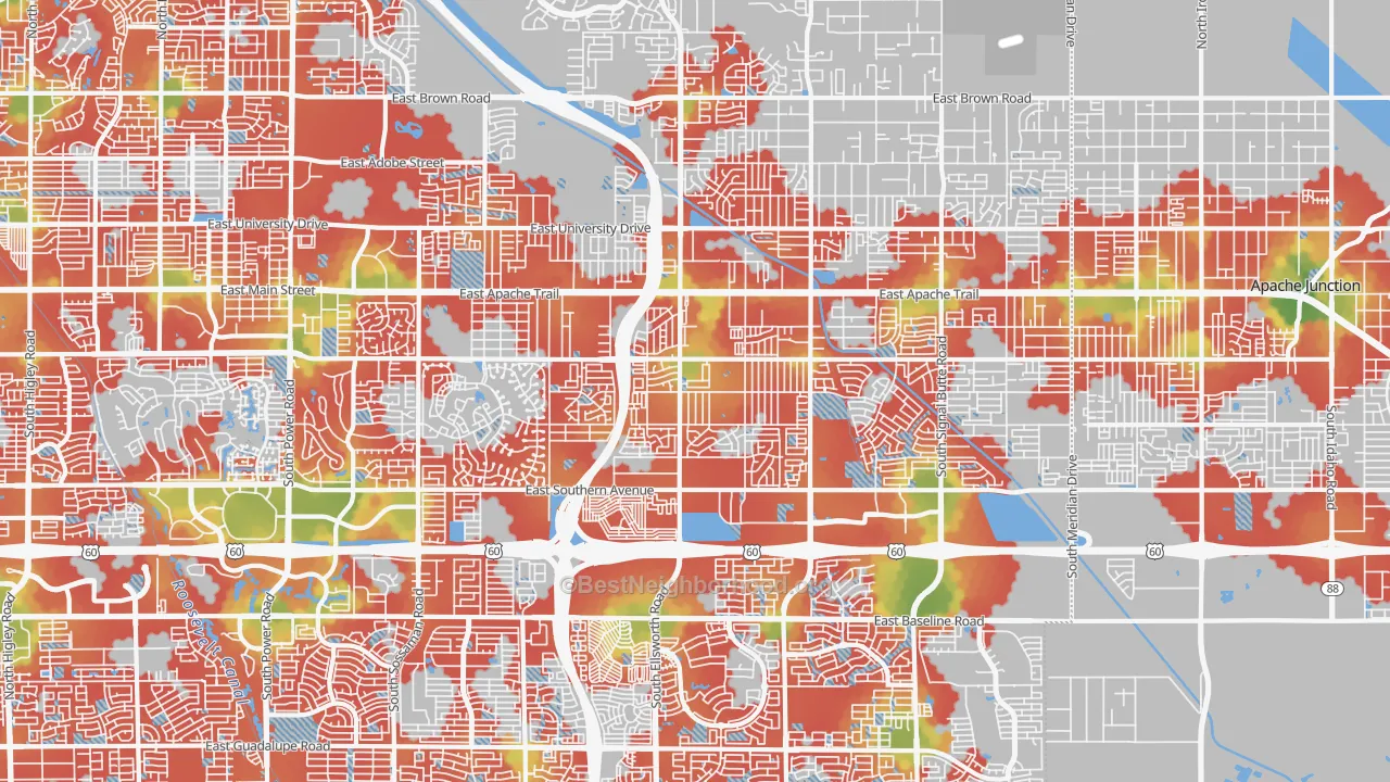 Walk Grade map of 85208, AZ, walkable areas in green and car-dependent areas in red
