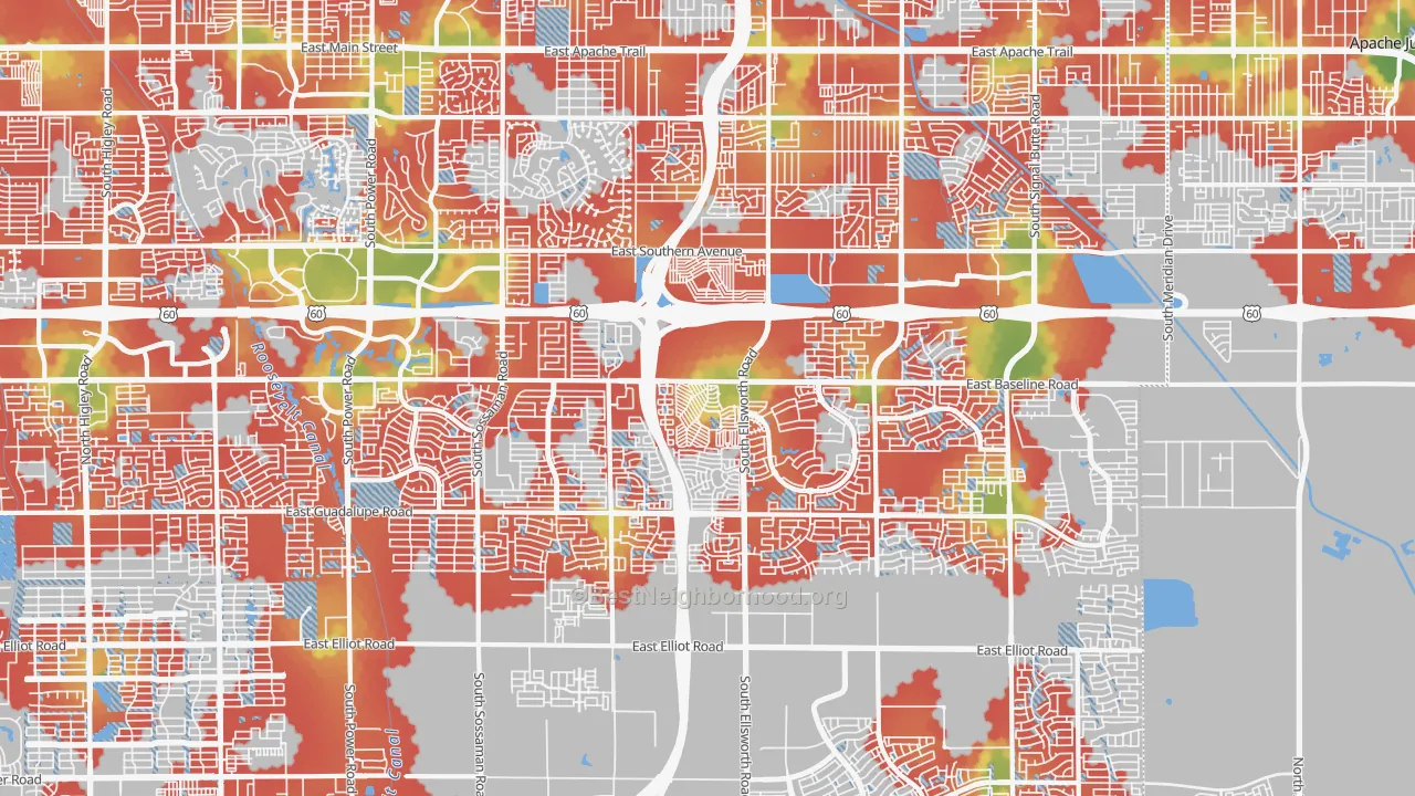 Walk Grade map of 85209, AZ, walkable areas in green and car-dependent areas in red
