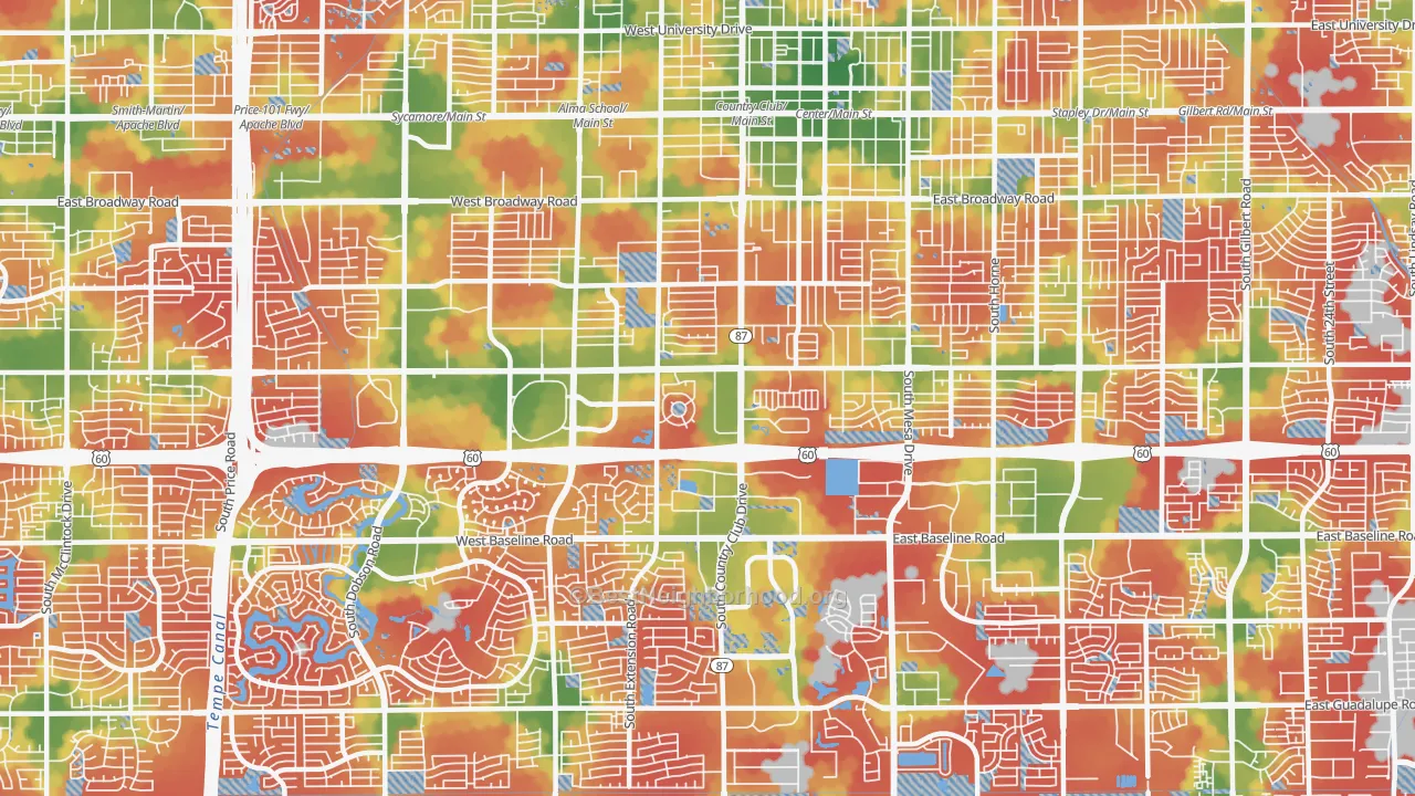 Walk Grade map of 85210, AZ, walkable areas in green and car-dependent areas in red