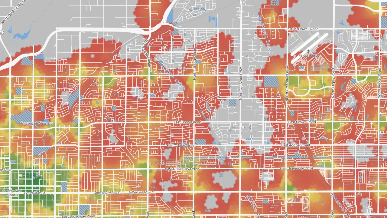 Walk Grade map of 85213, AZ, walkable areas in green and car-dependent areas in red