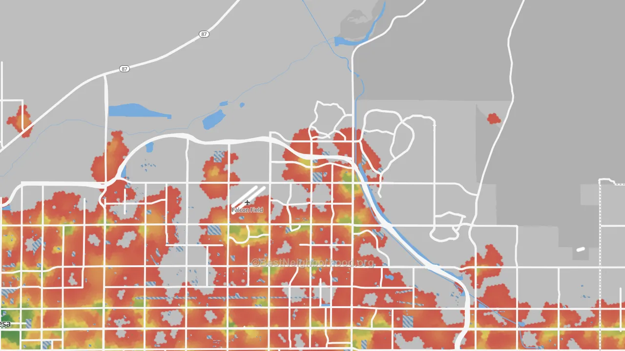 Walk Grade map of 85215, AZ, walkable areas in green and car-dependent areas in red