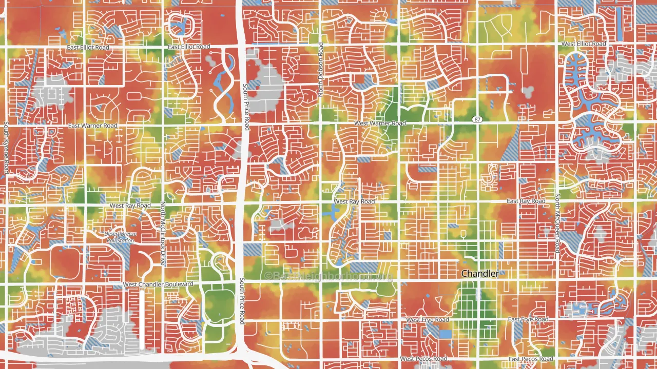 Walk Grade map of 85224, AZ, walkable areas in green and car-dependent areas in red