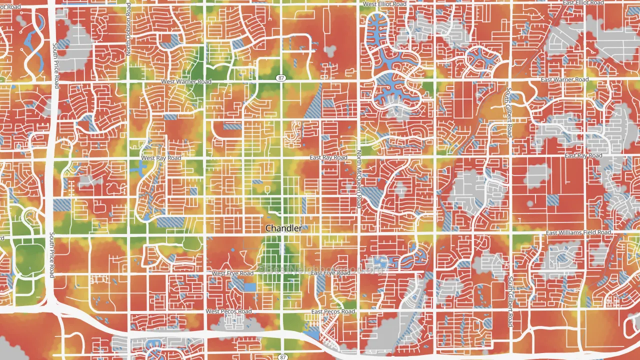 Walk Grade map of 85225, AZ, walkable areas in green and car-dependent areas in red