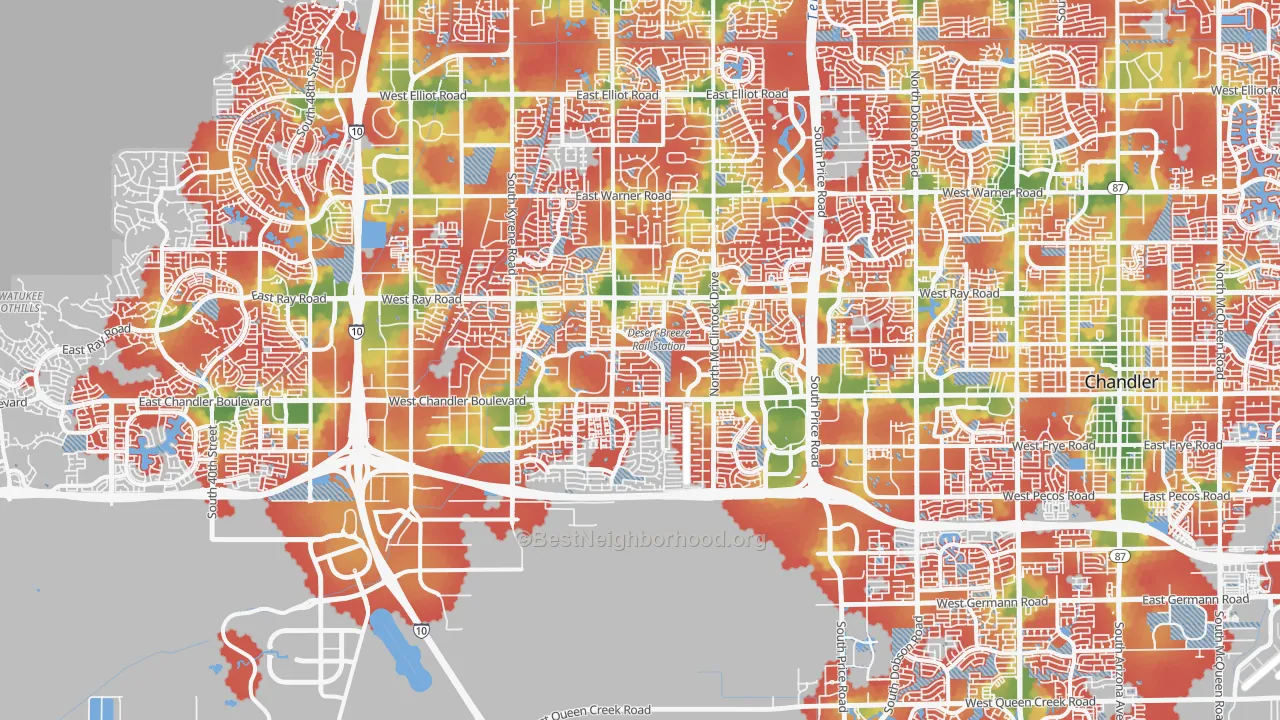 Walk Grade map of 85226, AZ, walkable areas in green and car-dependent areas in red