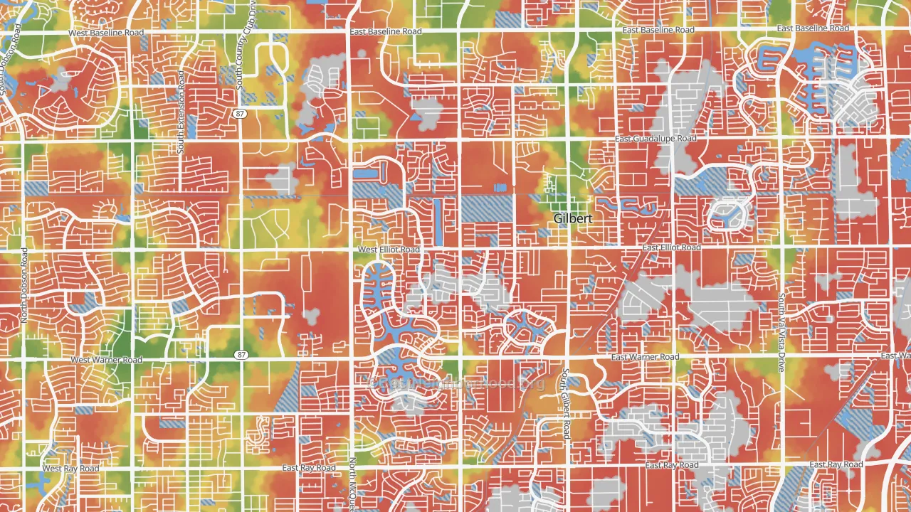 Walk Grade map of 85233, AZ, walkable areas in green and car-dependent areas in red