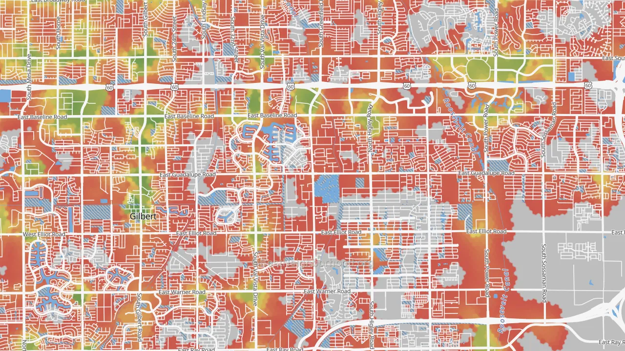 Walk Grade map of 85234, AZ, walkable areas in green and car-dependent areas in red