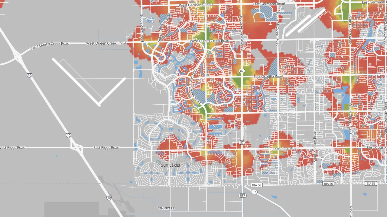 Walk Grade map of 85248, AZ, walkable areas in green and car-dependent areas in red