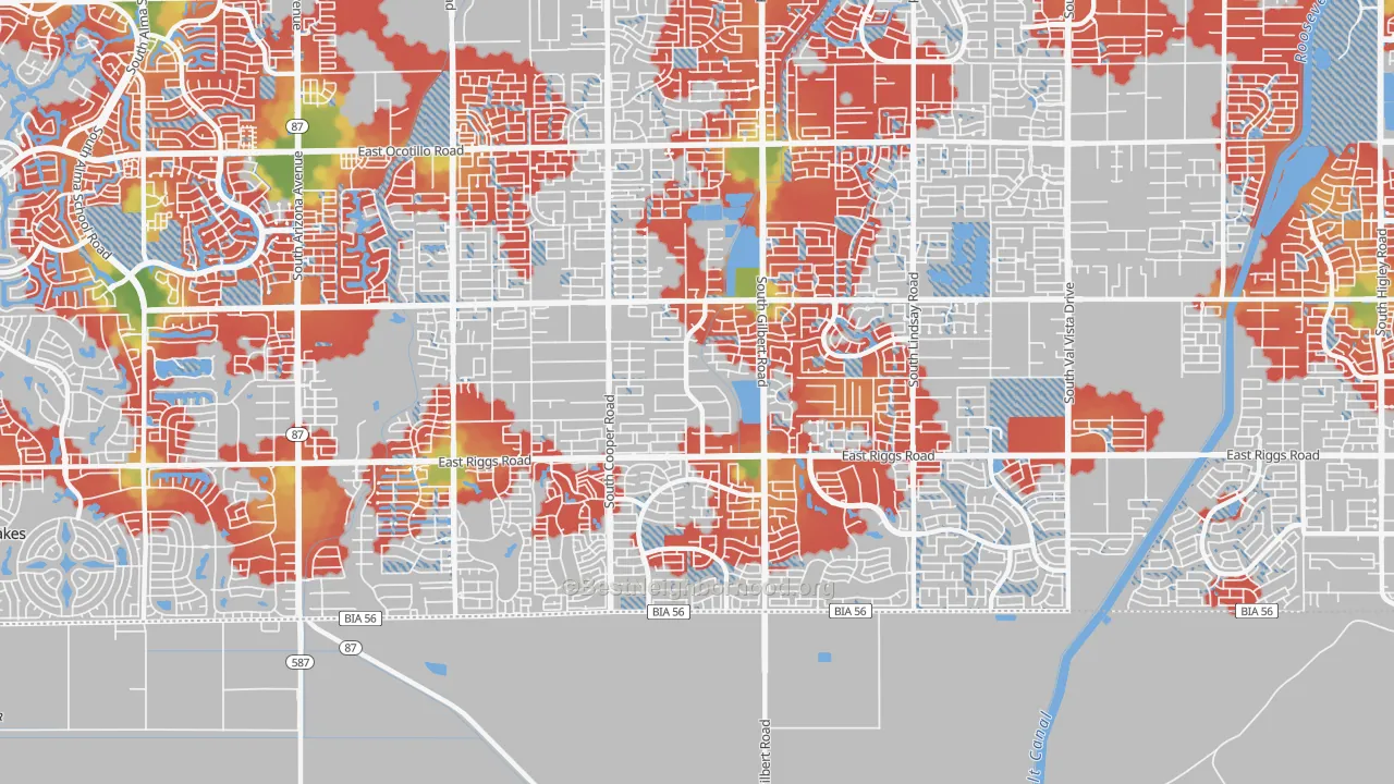 Walk Grade map of 85249, AZ, walkable areas in green and car-dependent areas in red