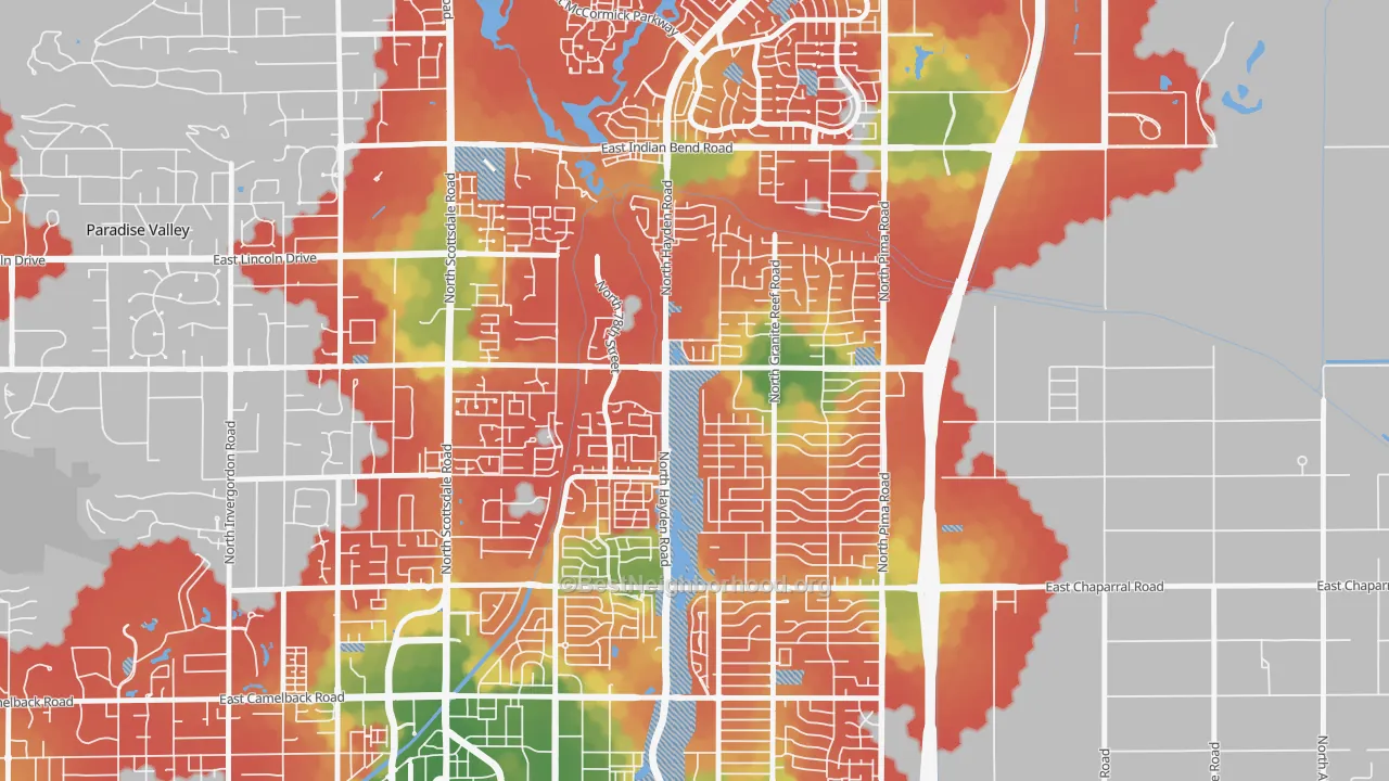 Walk Grade map of 85250, AZ, walkable areas in green and car-dependent areas in red