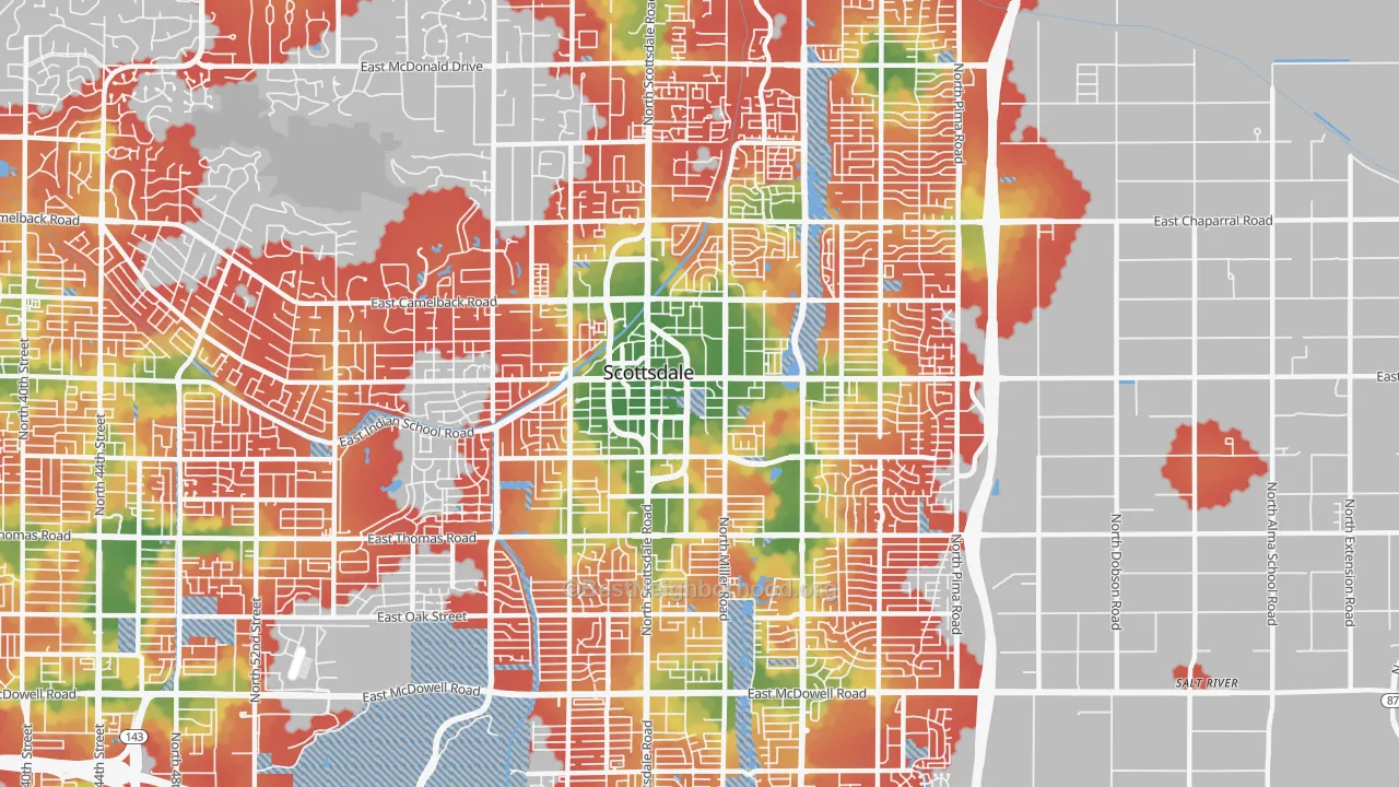 Walk Grade map of 85251, AZ, walkable areas in green and car-dependent areas in red