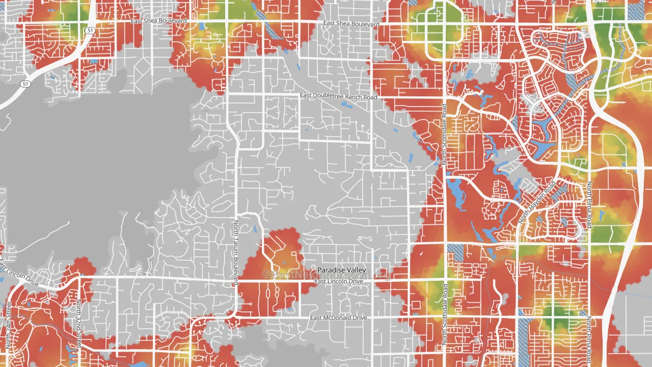 Walk Grade map of 85253, AZ, walkable areas in green and car-dependent areas in red