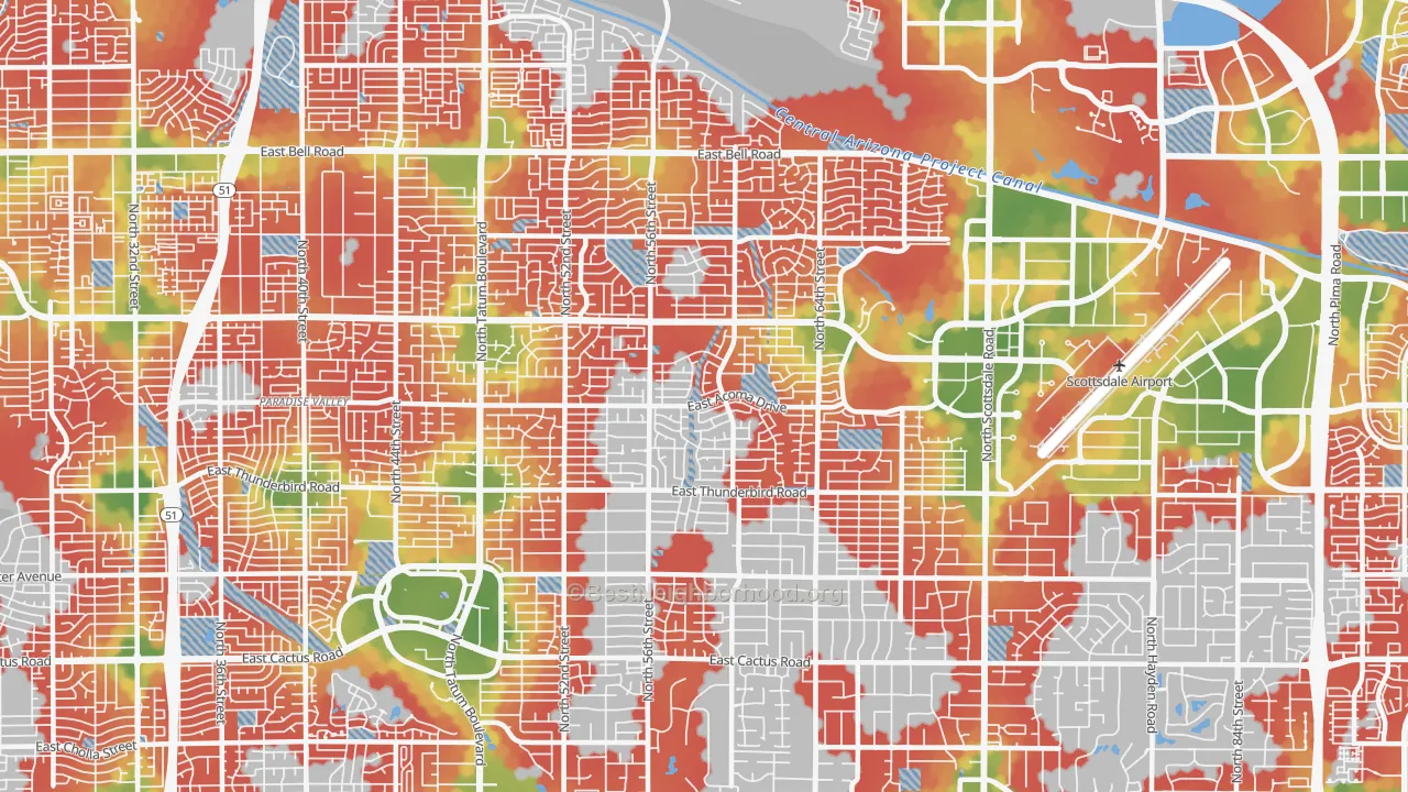 Walk Grade map of 85254, AZ, walkable areas in green and car-dependent areas in red