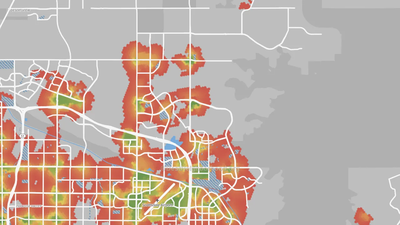 Walk Grade map of 85255, AZ, walkable areas in green and car-dependent areas in red