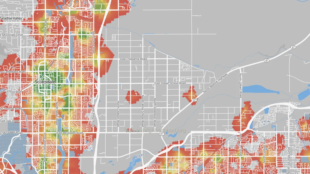 Walk Grade map of 85256, AZ, walkable areas in green and car-dependent areas in red