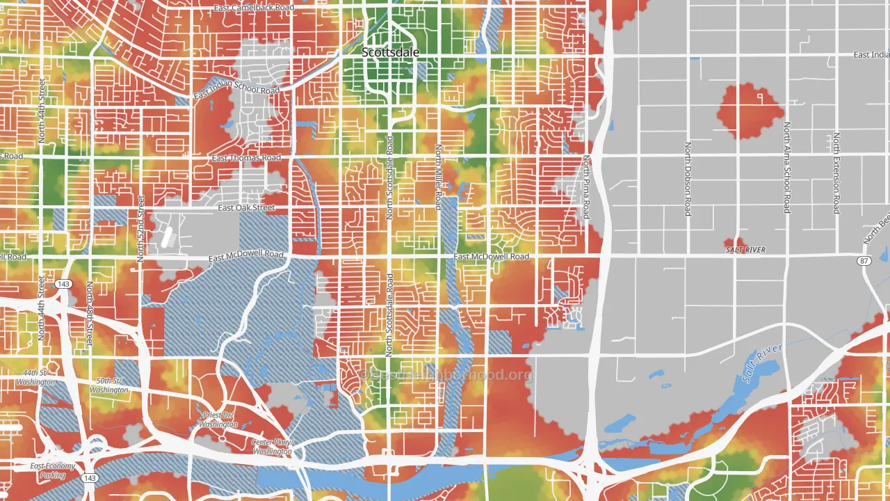 Walk Grade map of 85257, AZ, walkable areas in green and car-dependent areas in red