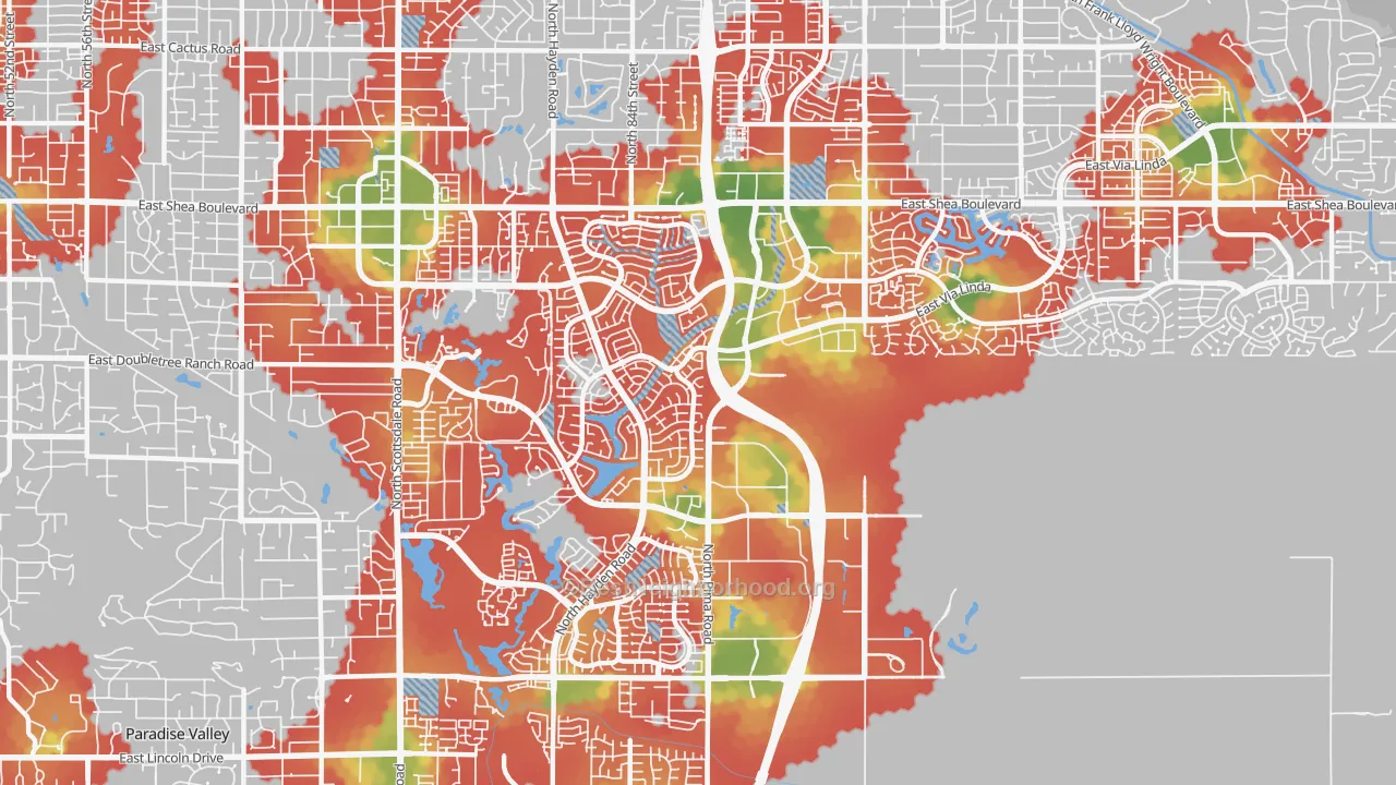 Walk Grade map of 85258, AZ, walkable areas in green and car-dependent areas in red