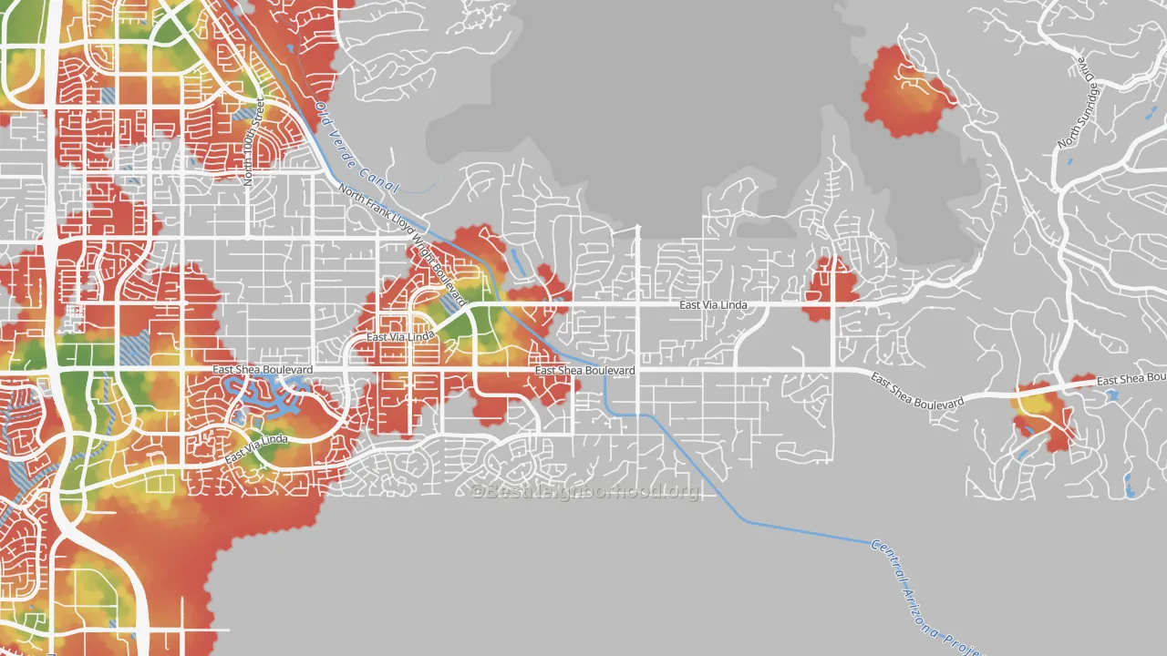 Walk Grade map of 85259, AZ, walkable areas in green and car-dependent areas in red