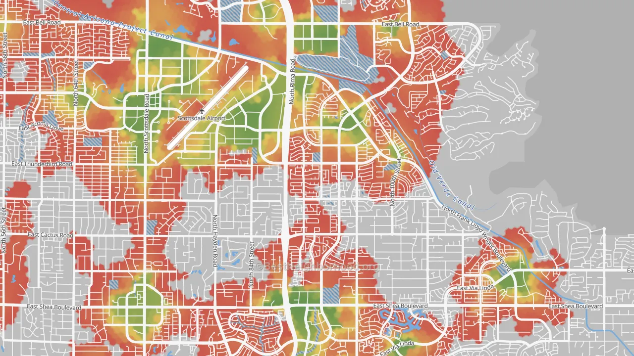 Walk Grade map of 85260, AZ, walkable areas in green and car-dependent areas in red